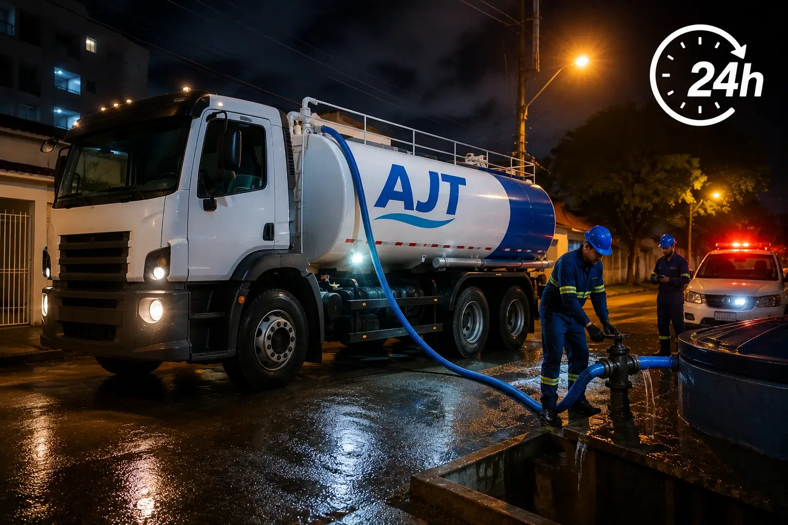 Caminhão pipa realizando atendimento emergencial de abastecimento 24 horas em Florianópolis